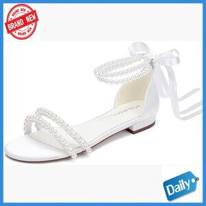Pearl Embellished Satin Bridal Sandals Flat Heel Open Toe Wedding Shoes